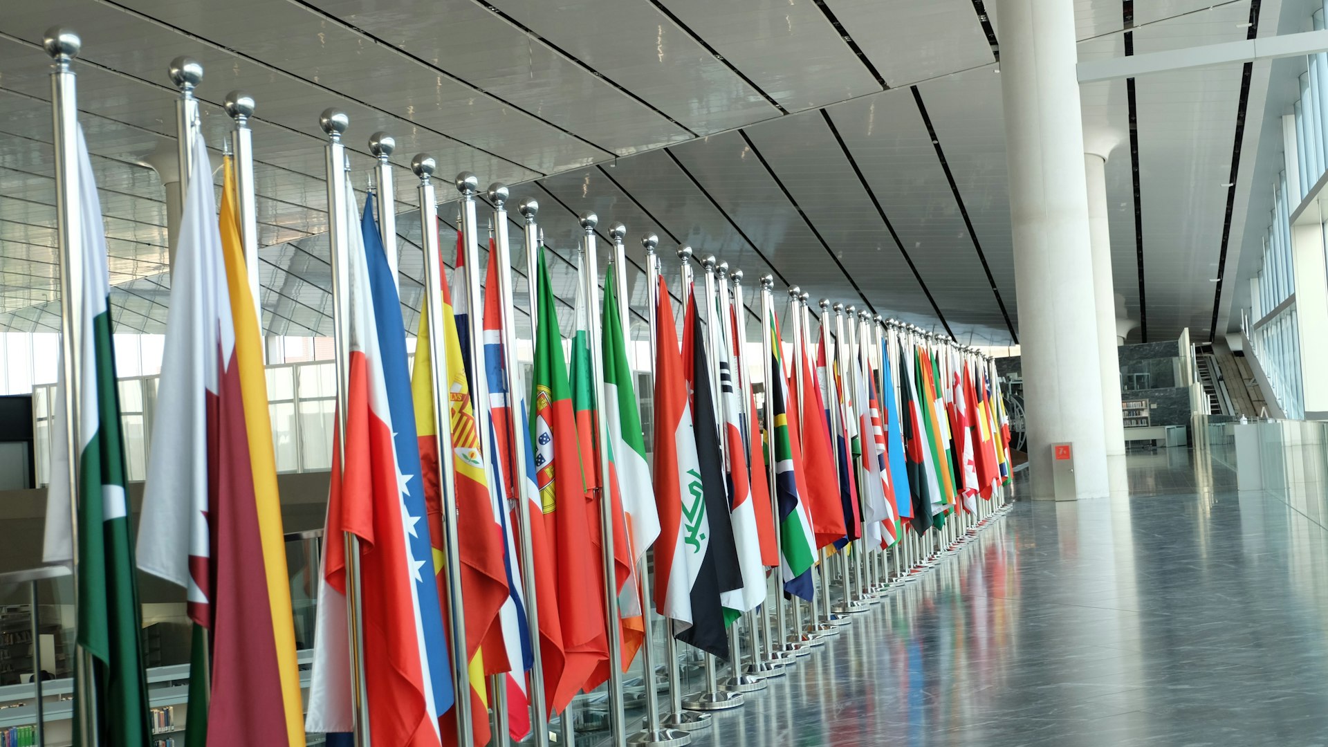 a row of flags in a building
